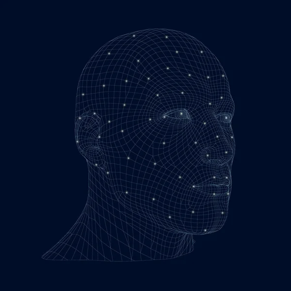Wireframe de uma cabeça de homem feita de linhas azuis em um fundo escuro com luzes brilhantes. 3D. Ilustração vetorial —  Vetores de Stock
