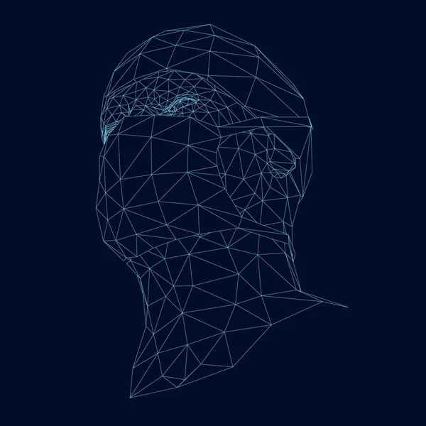 Wireframe van een menselijk hoofd met een beschermend masker. Een 3D. Vectorillustratie — Stockvector