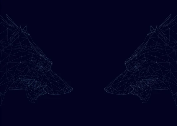 Estructura de dos cabezas de lobo de líneas azules sobre un fondo oscuro. 3D. Ilustración vectorial — Archivo Imágenes Vectoriales