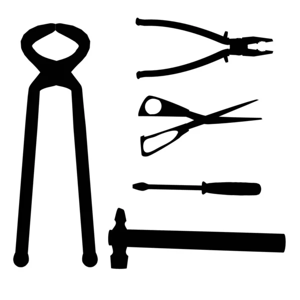 Set mit Silhouetten von Werkzeugen isoliert auf weißem Hintergrund. Nipper, Schere, Hammer, Schraubenzieher, Zange. Vektorillustration — Stockvektor