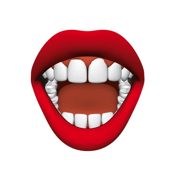 Female mouth with red lips and white teeth isolated on white background. 3D. Vector illustration — Stock Vector