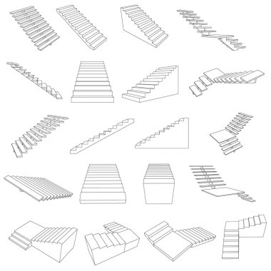 Beyaz arka planda izole edilmiş farklı tipte merdiven hatlarıyla ayarlayın. Vektör illüstrasyonu