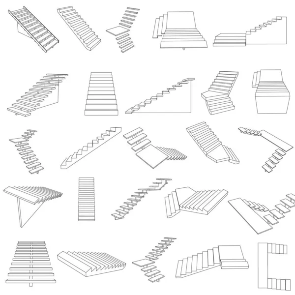 Set mit Umrissen von Treppen verschiedener Art isoliert auf weißem Hintergrund. Vektorillustration — Stockvektor