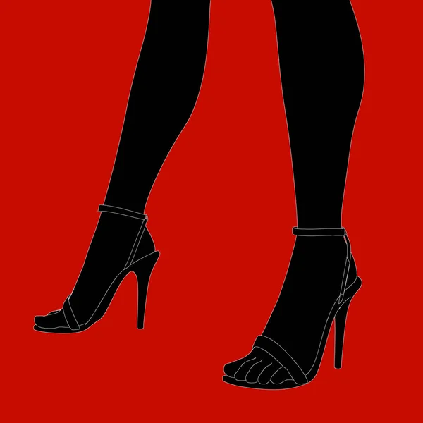 Silhouette di gambe femminili in scarpe col tacco alto isolate su fondo rosso. Illustrazione vettoriale — Vettoriale Stock