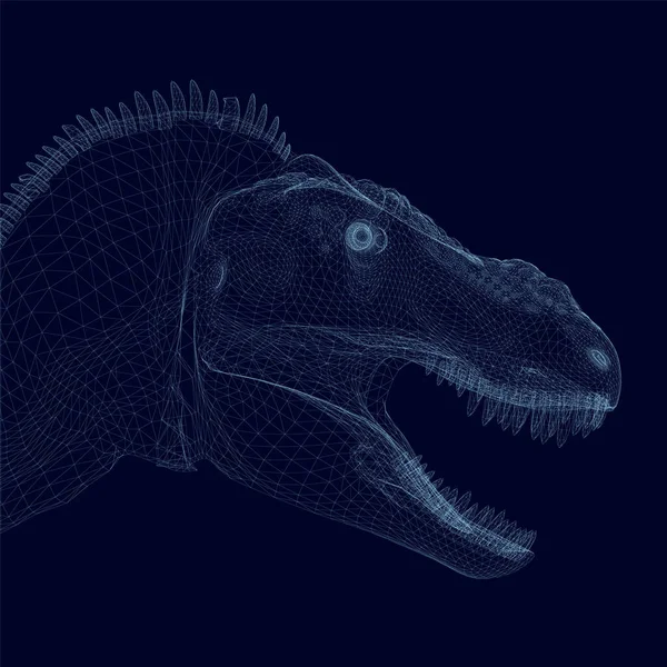 Cabeza de dinosaurio con marco de cables de líneas azules aisladas sobre fondo oscuro. Vista lateral. 3D. Ilustración vectorial — Archivo Imágenes Vectoriales