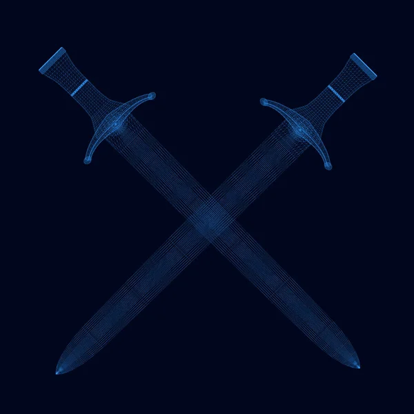 Drátěný rám zkřížených starých mečů z modrých čar na tmavém pozadí. 3D. Vektorová ilustrace — Stockový vektor