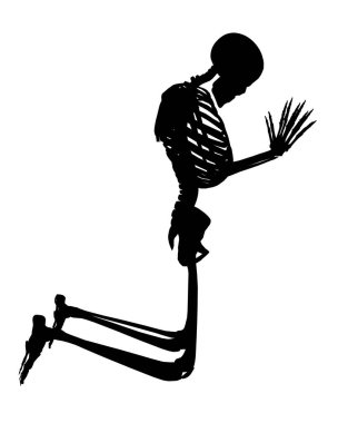 Beyaz bir arka planda diz çöküp dua eden bir iskeletin silueti. Vektör illüstrasyonu