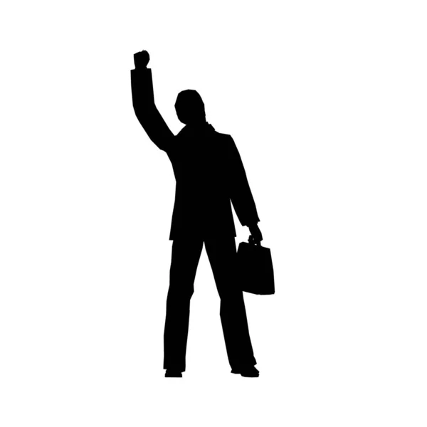 Silueta de un hombre con un maletín en la mano y la mano levantada hacia arriba aislada sobre un fondo blanco. Ilustración vectorial — Vector de stock