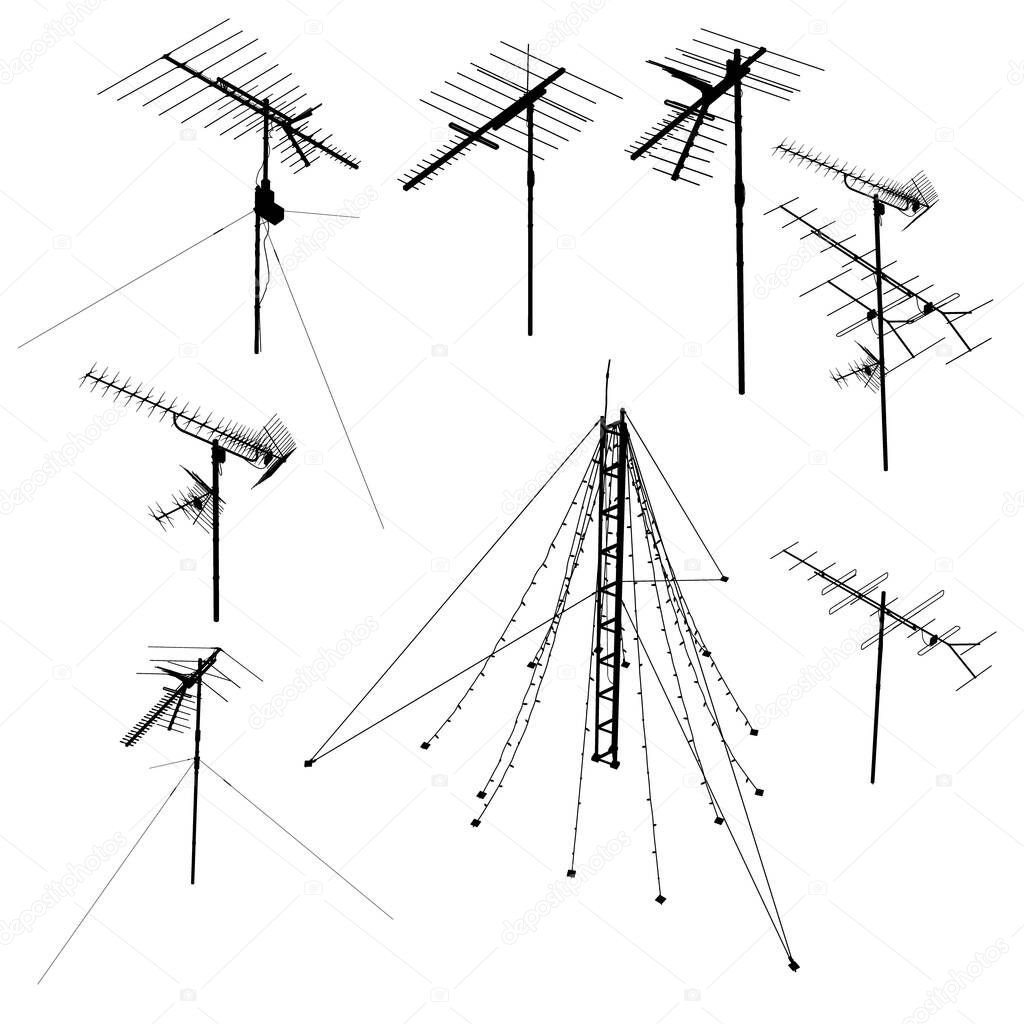 Set with silhouettes of antennas isolated on white background. Vector illustration