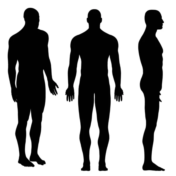 Beyaz bir arka planda elleri aşağıda poz vermiş bir adamın silüeti ile ayarlanmış. Ön, yan, izometrik görüş. Vektör illüstrasyonu