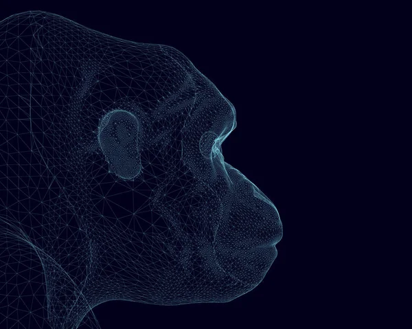 Filo metallico a testa di gorilla realizzato con linee blu su uno sfondo scuro. Vista laterale. 3D. Illustrazione vettoriale — Vettoriale Stock