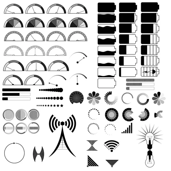 Set with silhouettes of icons of various indicators isolated on white background. Vector illustration — Stock Vector