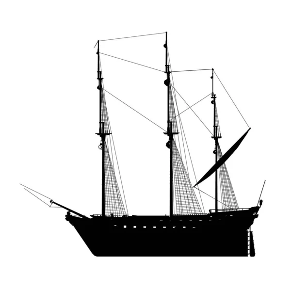 Silhouette of a sailing ship isolated on a white background. Side view. Vector illustration — Stock Vector