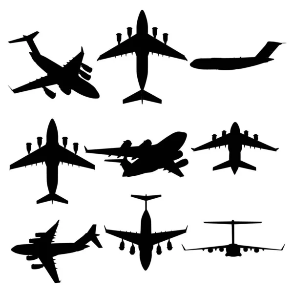 Conjunto com silhuetas de avião em diferentes posições isoladas sobre fundo branco. Ilustração vetorial — Vetor de Stock