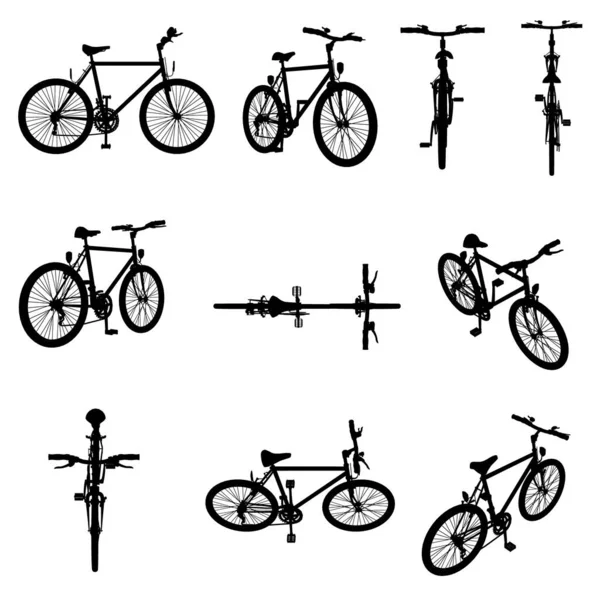 Zestaw z sylwetkami roweru w różnych pozycjach odizolowanych na białym tle. Ilustracja wektora — Wektor stockowy