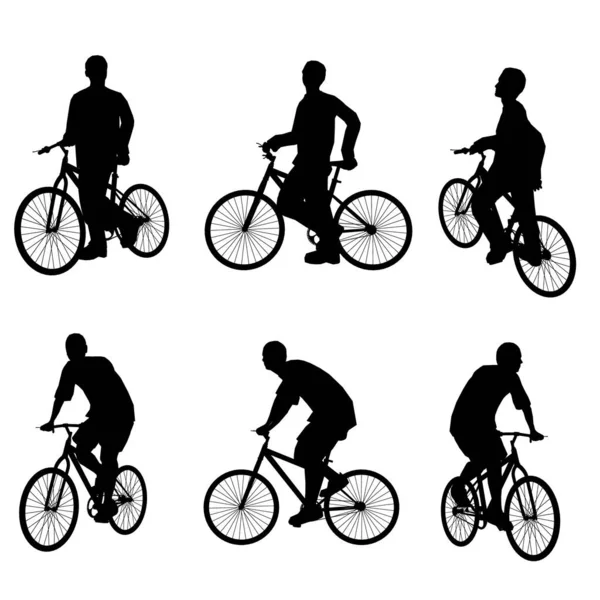 Set with silhouettes of a man on a bicycle in various positions isolated on a white background. Vector illustration — Stock Vector
