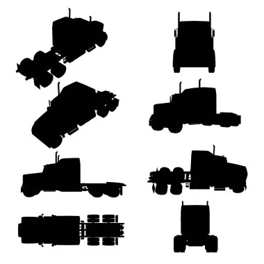 Beyaz arka planda izole edilmiş farklı pozisyonlarda karavanı olmayan bir kamyonun siluetleriyle dolu. Vektör illüstrasyonu
