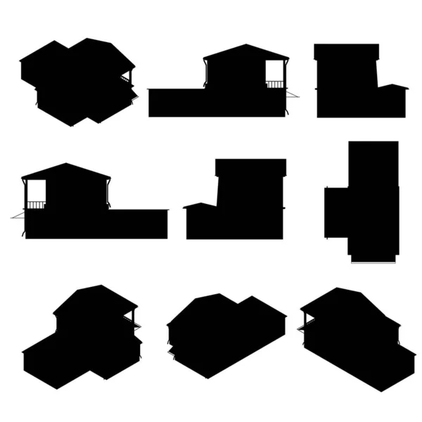 Set med silhuetter av ett privat hus i olika positioner isolerad på en vit bakgrund. Vektorillustration — Stock vektor