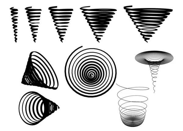 Set con siluetas de espirales en diferentes formas aisladas sobre fondo blanco. Ilustración vectorial — Vector de stock