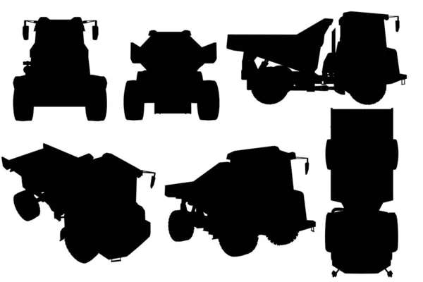 Conjunto com silhuetas de caminhão basculante em diferentes posições isoladas sobre fundo branco. Ilustração vetorial —  Vetores de Stock
