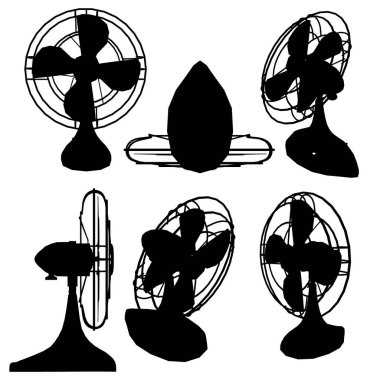 Beyaz arka planda izole edilmiş oda soğutma için fan siluetleri ile ayarlayın. Vektör illüstrasyonu