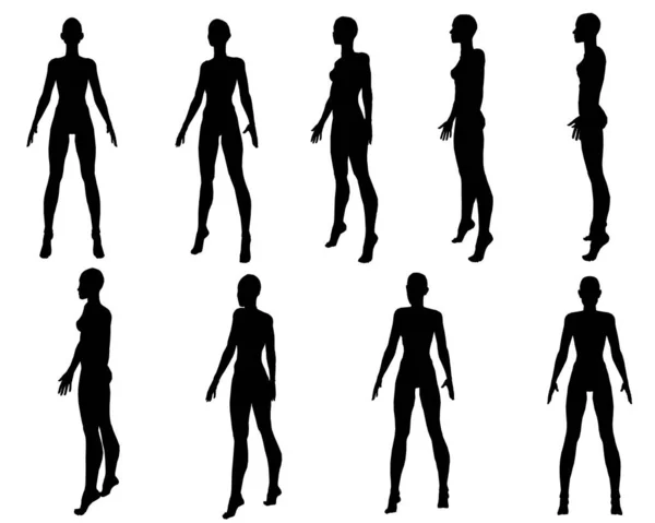 Zestaw z sylwetkami ciała dziewczyny w różnych pozycjach odizolowanych na białym tle. Ilustracja wektora — Wektor stockowy