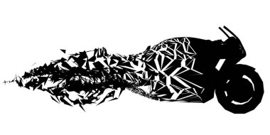 Yarış motosikletinin silueti beyaz arka planda izole edilmiş parçalara ayrılıyor. Yan görüş. Vektör illüstrasyonu