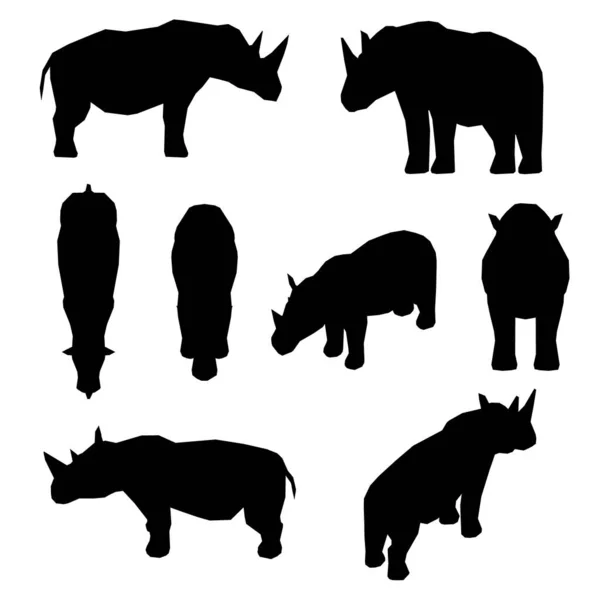 Zestaw z sylwetkami nosorożca w różnych pozycjach izolowanych na białym tle. Ilustracja wektora — Wektor stockowy