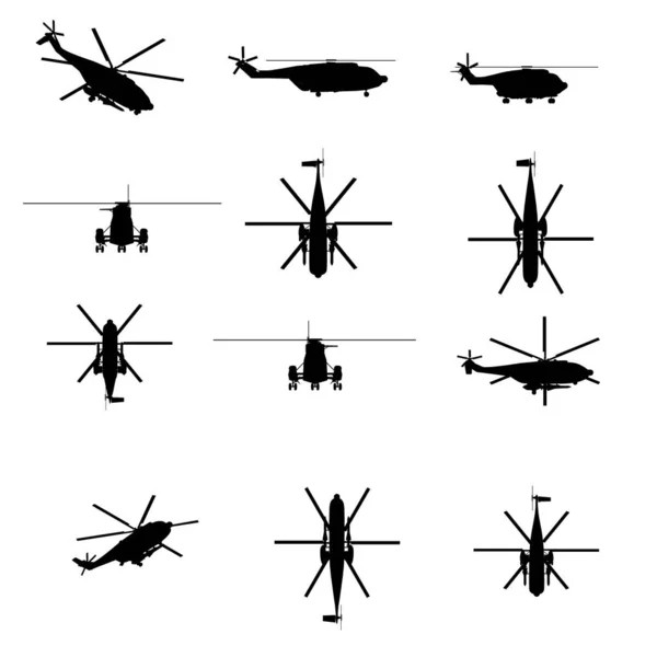 Set met helikoptersilhouetten geïsoleerd op witte achtergrond. Vectorillustratie — Stockvector
