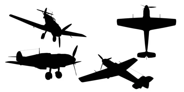 Conjunto con siluetas de un avión con una hélice en varias posiciones aisladas sobre un fondo blanco. Ilustración vectorial — Vector de stock