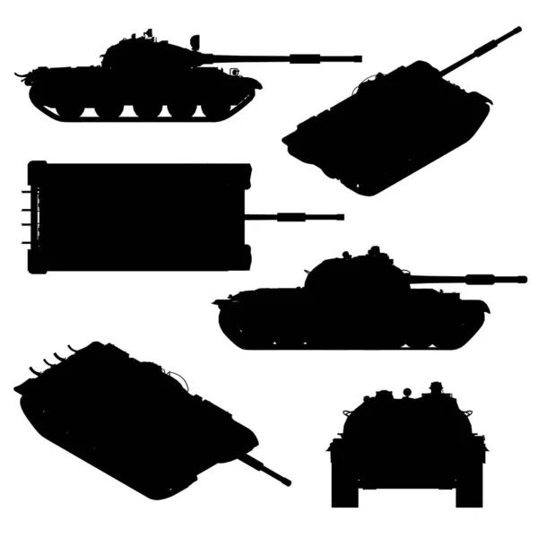 Conjunto con siluetas de un tanque de batalla en varias posiciones aisladas sobre un fondo blanco. Ilustración vectorial — Vector de stock