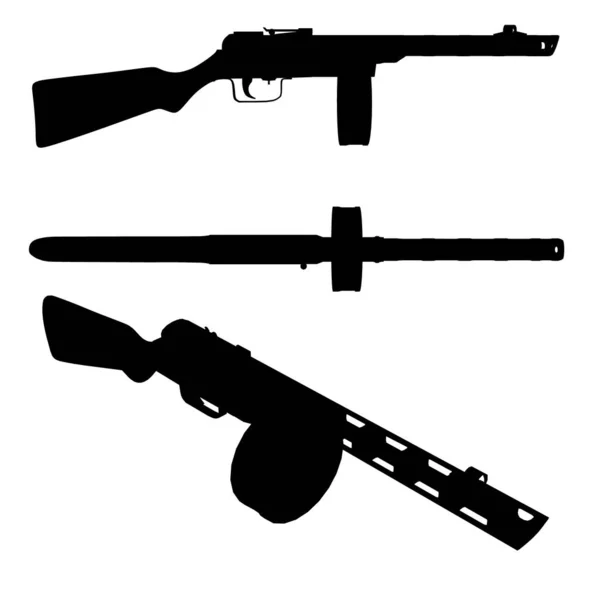Zestaw z sylwetkami rosyjskiego karabinu maszynowego w różnych pozycjach izolowanych na białym tle. Ilustracja wektora — Wektor stockowy