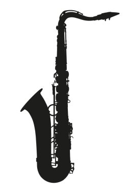 Ayrıntılı saksafon silueti beyaz arka planda izole edildi. Yan görüş. Vektör illüstrasyonu