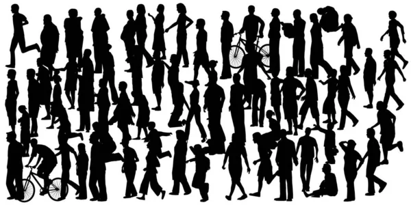 Conjunto con silueta de una multitud de personas de pie en diferentes posturas aisladas sobre un fondo blanco. Ilustración vectorial — Vector de stock