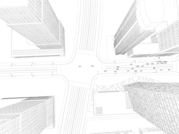 Delineamento da cidade com arranha-céus isolados em fundo branco. Vista de cima. Estrada com carros de condução. 3D. Ilustração vetorial —  Vetores de Stock