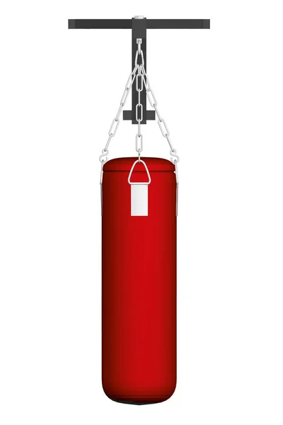 白い背景に隔離されたファスナーに取り付けられたチェーンに掛けられた赤いパンチングバッグ。3Dだ。正面図。ベクターイラスト — ストックベクタ