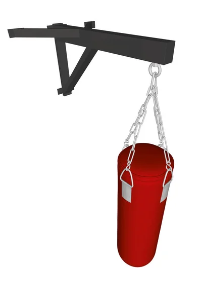 Sacco da boxe rosso appeso a catene attaccato a chiusure isolate su sfondo bianco. 3D. Vista prospettica. Illustrazione vettoriale — Vettoriale Stock