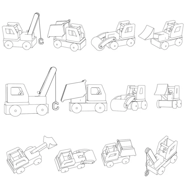 Set mit Konturen von Kindern Spielzeugautos isoliert auf weißem Hintergrund. Vektorillustration — Stockvektor