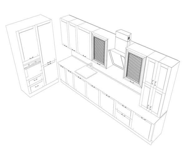 Контур современной кухни изолирован на белом фоне. Изометрический вид. Векторная иллюстрация — стоковый вектор
