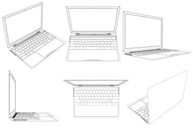 Farklı pozisyonlardaki dizüstü bilgisayarın dış hatlarıyla beyaz arka planda izole edilmiş. Vektör illüstrasyonu