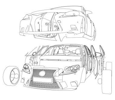 Makine ana hatları beyaz arkaplanda izole edilmiş parçalara ayrıldı. Makine parçaları birbirinden ayrılır. Ön manzara. Vektör illüstrasyonu