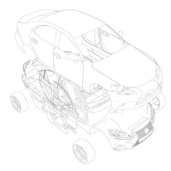 Esboço da máquina desmontado em partes isoladas em fundo branco. As peças da máquina são separadas umas das outras. Vista isométrica. Ilustração vetorial — Vetor de Stock