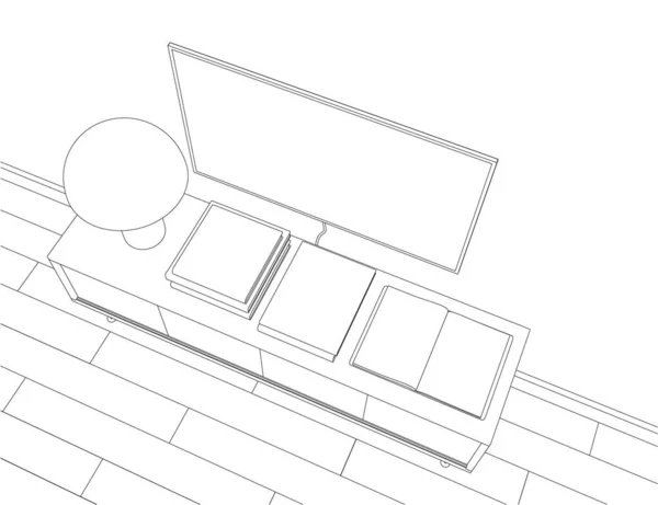 Kontúr szoba TV-vel, asztal és könyvek elszigetelt fehér alapon. Kilátás fentről. Vektorillusztráció — Stock Vector