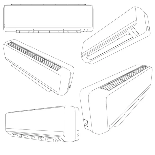 Set con i contorni di condizionatori da parete in diverse posizioni isolate su sfondo bianco. Illustrazione vettoriale — Vettoriale Stock