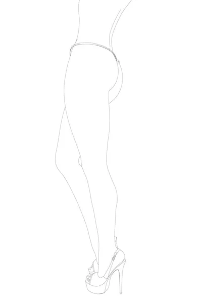 Το περίγραμμα ενός σέξι κοριτσιού με μπικίνι και ψηλά τακούνια στέκεται απομονωμένο σε λευκό φόντο. Πλευρική άποψη. Εικονογράφηση διανύσματος — Διανυσματικό Αρχείο