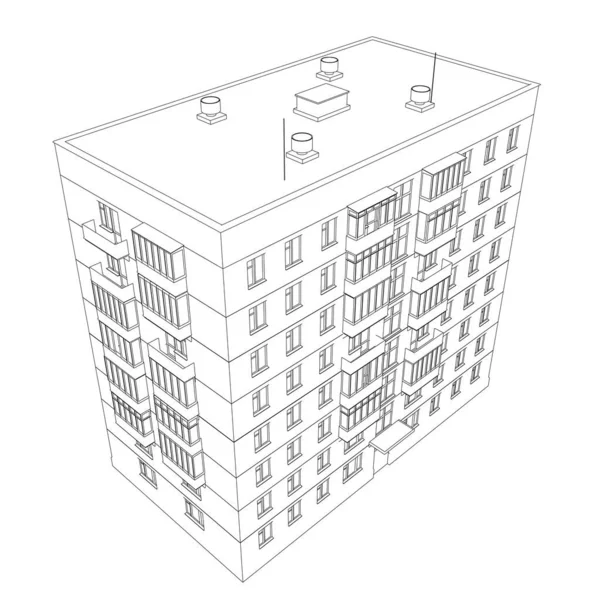 Omtrek van een woongebouw met meerdere verdiepingen uit zwarte lijnen geïsoleerd op een witte achtergrond. Een 3D. Vectorillustratie — Stockvector