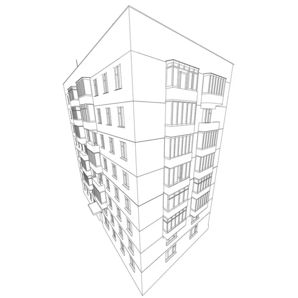Контур багатоповерхового житлового будинку з чорних ліній, ізольованого на білому тлі. Викривлений вигляд перспективи. 3D. Векторні ілюстрації — стоковий вектор