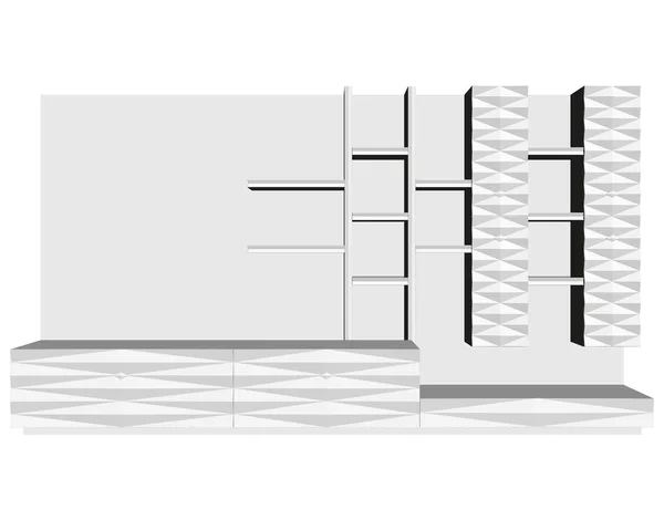 Amplio armario con estantes aislados sobre fondo blanco. 3D. Vista frontal. Parte del interior de la habitación. Ilustración vectorial — Vector de stock