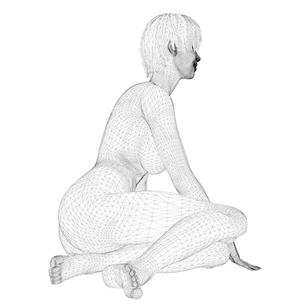 Wireframe chica desnuda acostada aislada sobre fondo blanco. 3D. Ilustración vectorial — Vector de stock