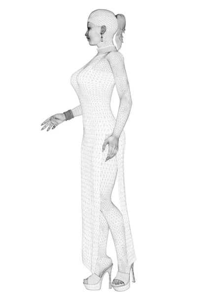 La fille est debout dans une robe longue dans le style chinois avec de longs talons. Wireframe d'une fille dans une robe sont isolés sur un fond blanc. 3D. Illustration vectorielle — Image vectorielle